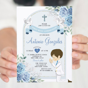 Invitation Fleurs bleues poussiéreuses Garçon première commun