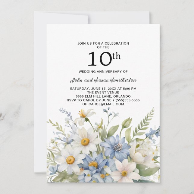 Invitation Fleurs bleues poussiéreuses Marguerites blanches 1 (Devant)