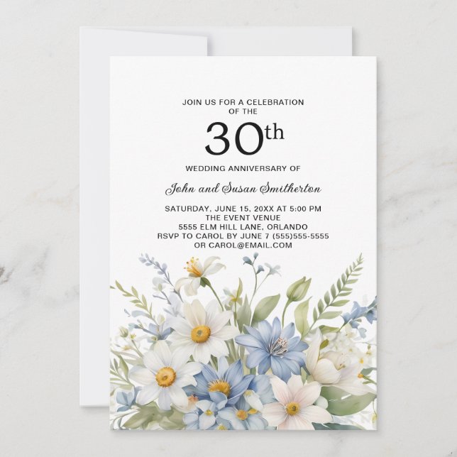 Invitation Fleurs bleues poussiéreuses Marguerites blanches 3 (Devant)
