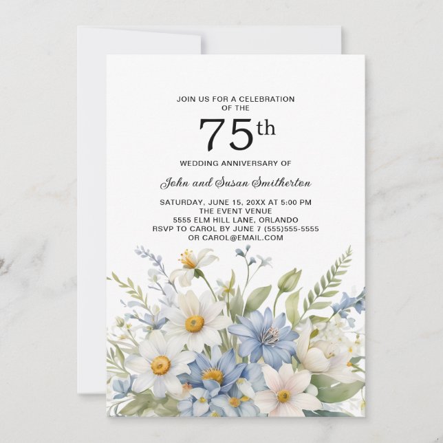 Invitation Fleurs bleues poussiéreuses Marguerites blanches 7 (Devant)