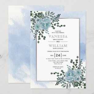 Invitation Fleurs bleues poussiéreuses, mariage d'hiver flora