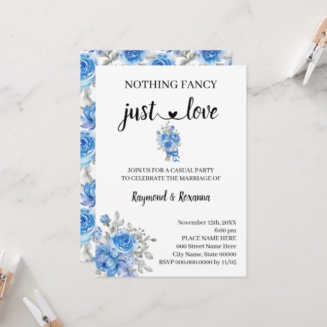 Invitation Fleurs Bleues Rien de fantaisie juste Amour Elopem (Devant/Arrière en situation)