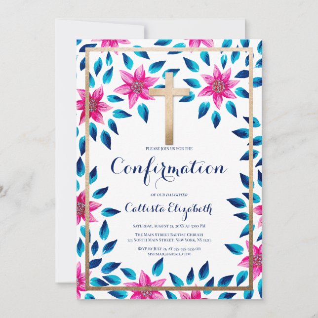 Invitation Fleurs Bleues Rose Feuille Croix Or Confirmation (Devant)