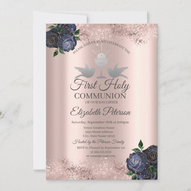 Invitation Fleurs Bleues Rose Or Première Communion Sainte (Devant)