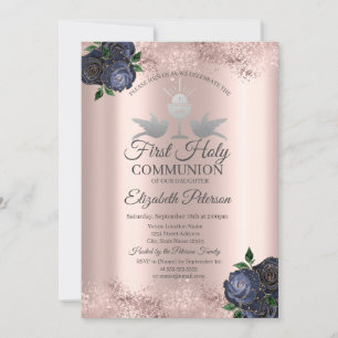 Invitation Fleurs Bleues Rose Or Première Communion Sainte