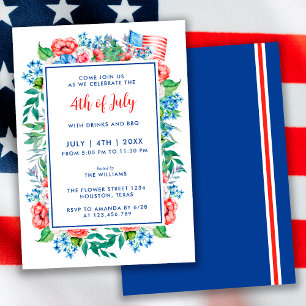 Invitation Fleurs Bleues Rouge 4 juillet Parti Patriotique