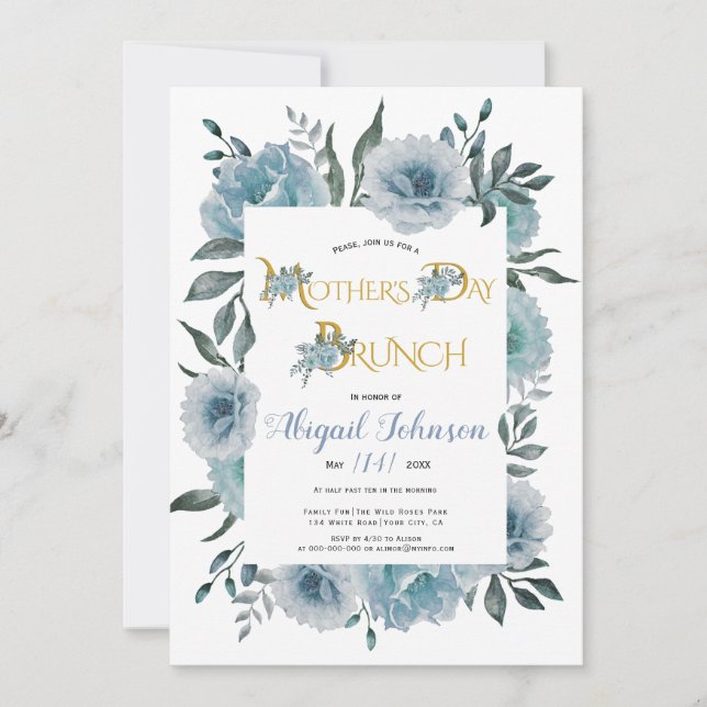 Invitation Fleurs bleues rousses brunch de la Fête des mères (Devant)