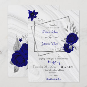 Invitation fleurs bleues royales gris argenté mariage géométr