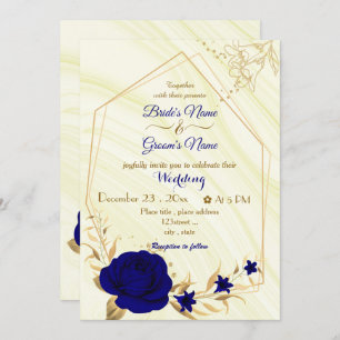 Invitation fleurs bleues royales or géométrique mariage invit