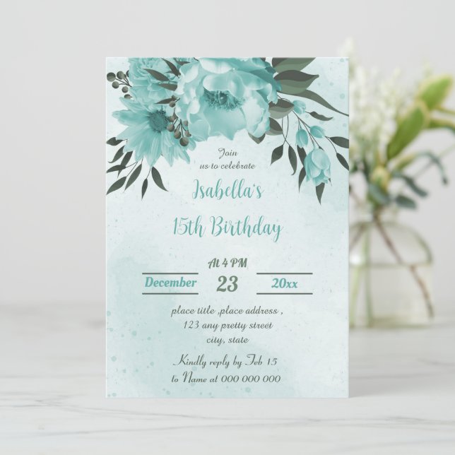Invitation fleurs bleues verdure anniversaire botanique (Debout devant)