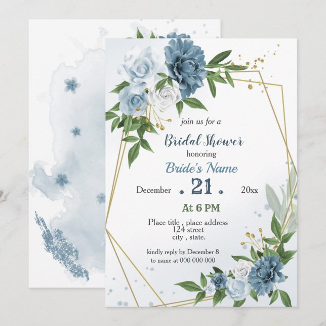 Invitation fleurs bleues verdure douche nuptiale géométrique (Devant / Derrière)