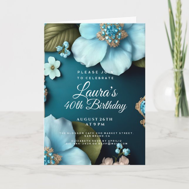 Invitation Fleurs bleues vert feuille or parties scintillant  (Devant)