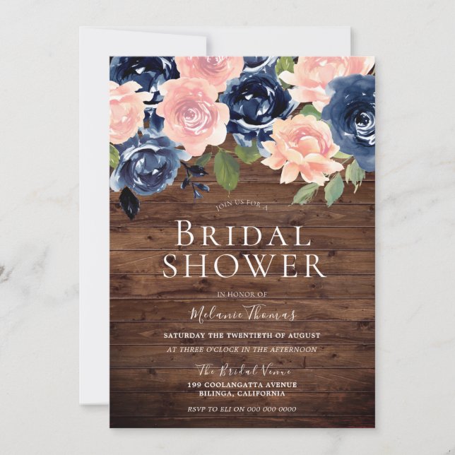 Invitation Fleurs Blush & Navy Fête des mariées en bois rusti (Devant)