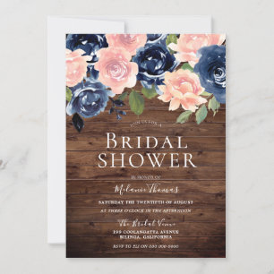 Invitation Fleurs Blush & Navy Fête des mariées en bois rusti