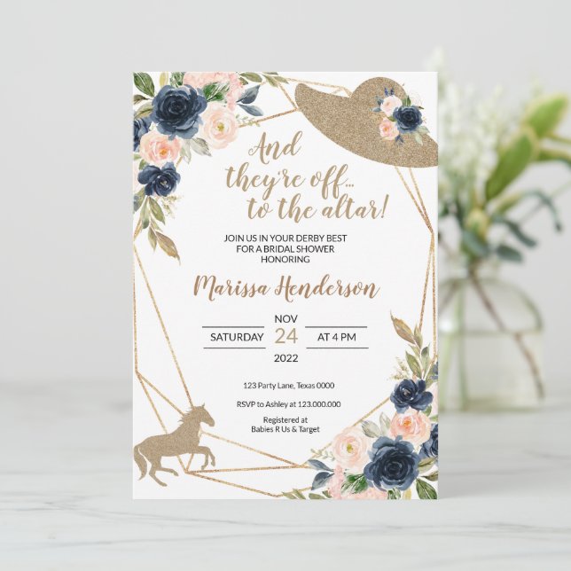 Invitation Fleurs Blush & Navy Fête des mariées Kentucky Derb (Debout devant)