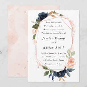 Invitation Fleurs Blush & Navy Géométrique All Seasons Mariag