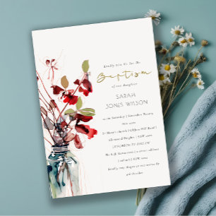 Invitation Fleurs bohèmes vintage rouges et vertes encres pou