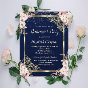 Invitation Fleurs Boho Cadre Or Bleu Marine Retraite