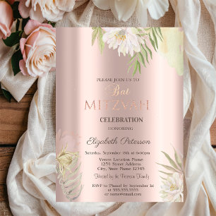Invitation Fleurs Boho Paillettes Gouttes Rose Or Bat Mitzvah