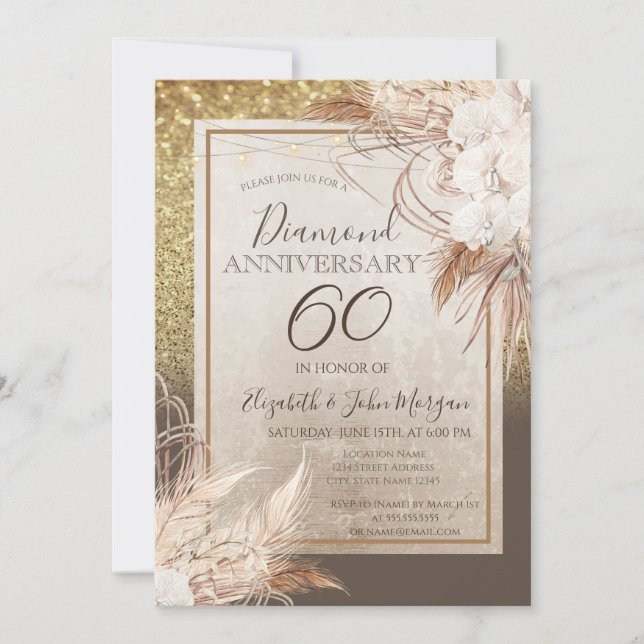 Invitation Fleurs Boho Pampas Parties scintillant en herbe An (Devant)