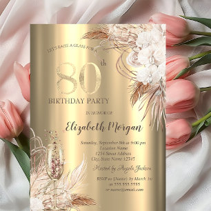 Invitation Fleurs Boho,Verre à Champagne Or 80e Anniversaire