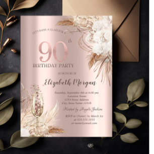 Invitation Fleurs Boho,Verre à Champagne,Or Rose 90ème