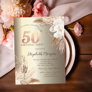 Invitation Fleurs Boho, Verre Champagne Or 50ème