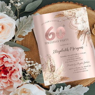 Invitation Fleurs Boho, Verre Champagne, Or Rose 60e