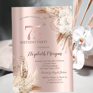 Invitation Fleurs Boho, Verre Champagne, Or Rose 75e