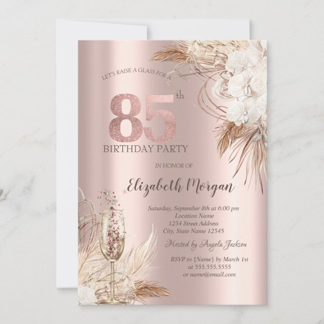 Invitation Fleurs Boho, Verre Champagne, Or Rose 85e (Devant)