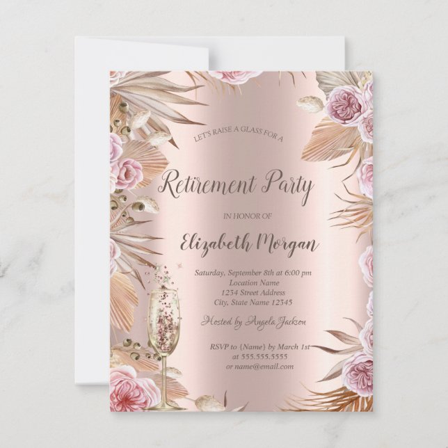 Invitation Fleurs Boho, Verre Champagne, Retraite Or Rose (Devant)