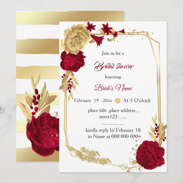 Invitation fleurs bordeaux & or douche géométrique nuptiale (Devant / Derrière)