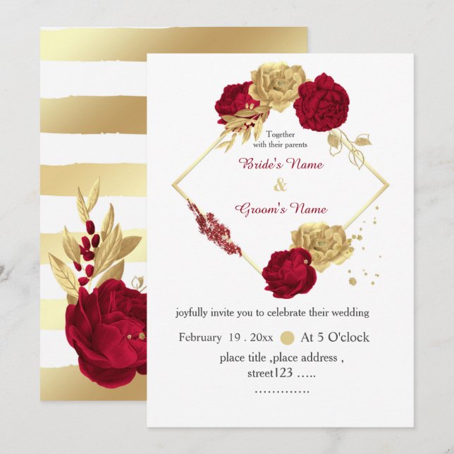 Invitation fleurs bordeaux & or élégant mariage géométrique (Devant / Derrière)