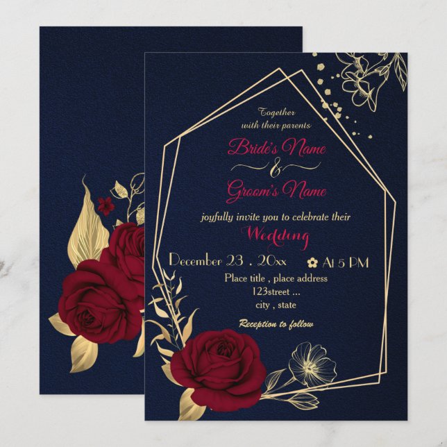 Invitation fleurs bordeaux or géométrique marine mariage (Devant / Derrière)