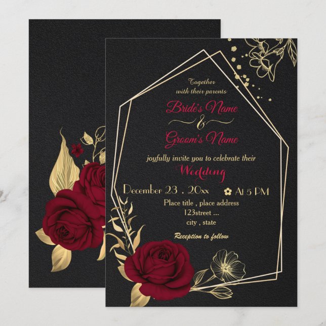 Invitation fleurs bordeaux or géométrique noir mariage (Devant / Derrière)