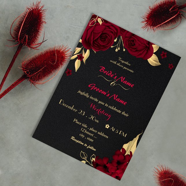Invitation fleurs bordeaux or noir mariage (Créateur téléchargé)