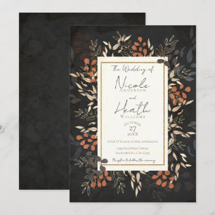 Invitation Fleurs Botaniques Feuillues Grises et Dorées Maria