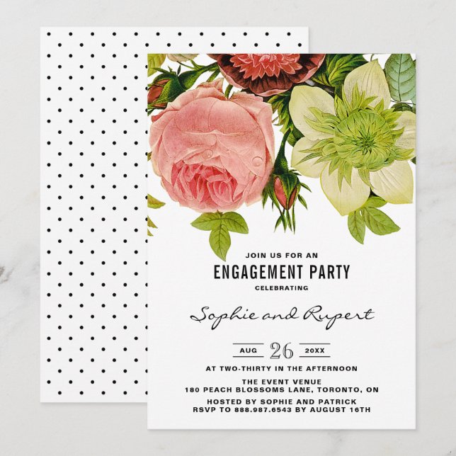 Invitation Fleurs botaniques Partie d'engagement Vintage (Devant / Derrière)