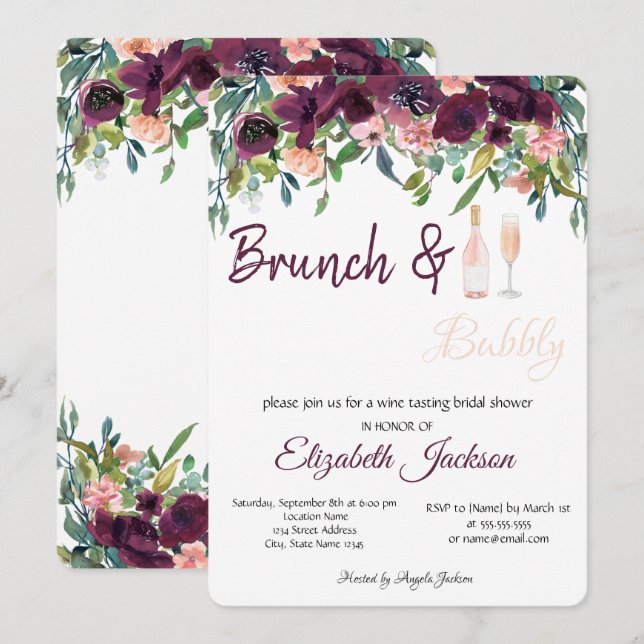 Invitation Fleurs Bourgogne Brunch & Fête des mariées Bubbly (Devant / Derrière)