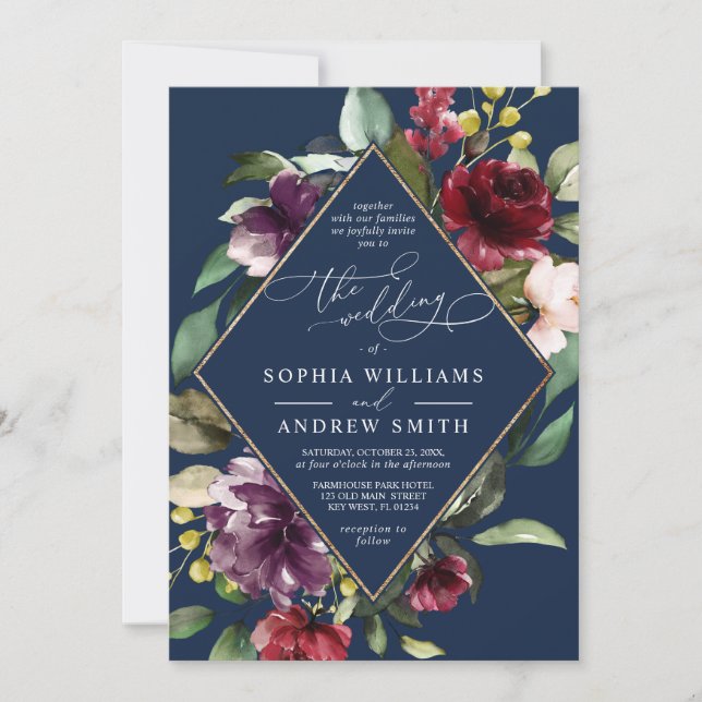 Invitation Fleurs Bourgogne et cadre d'or Mariage bleu marine (Devant)