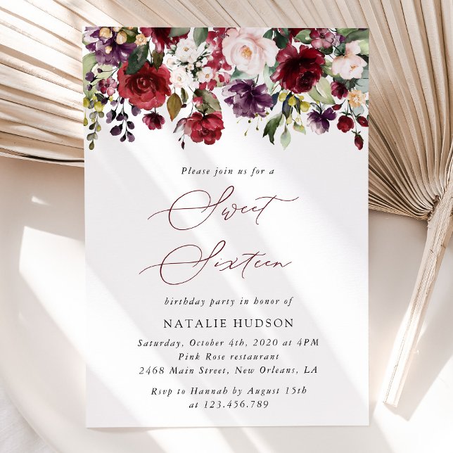 Invitation Fleurs Bourgogne, Fleurs roses, Boho, Sweet 16 (Créateur téléchargé)