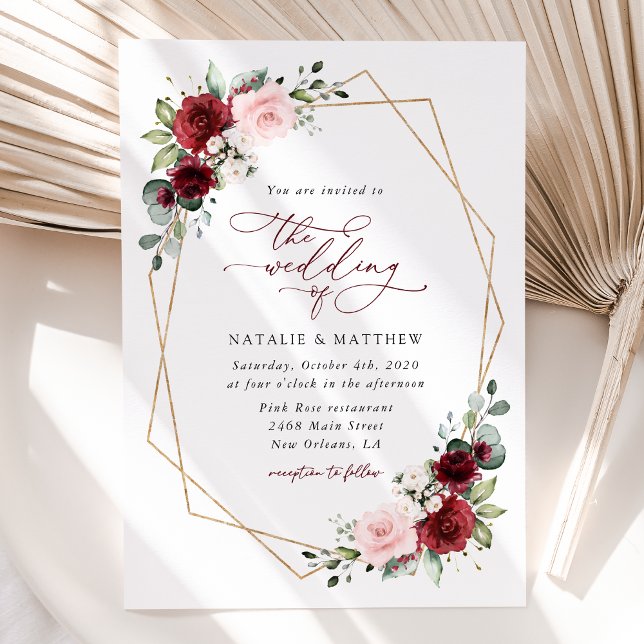 Invitation Fleurs Bourgogne, Fleurs roses, Verdure, Mariage (Créateur téléchargé)