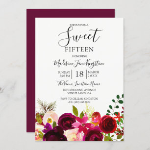 Invitation Fleurs Bourgogne Floral Boho Sweet 15