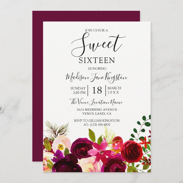 Invitation Fleurs Bourgogne Floral Boho Sweet 16 (Devant / Derrière)