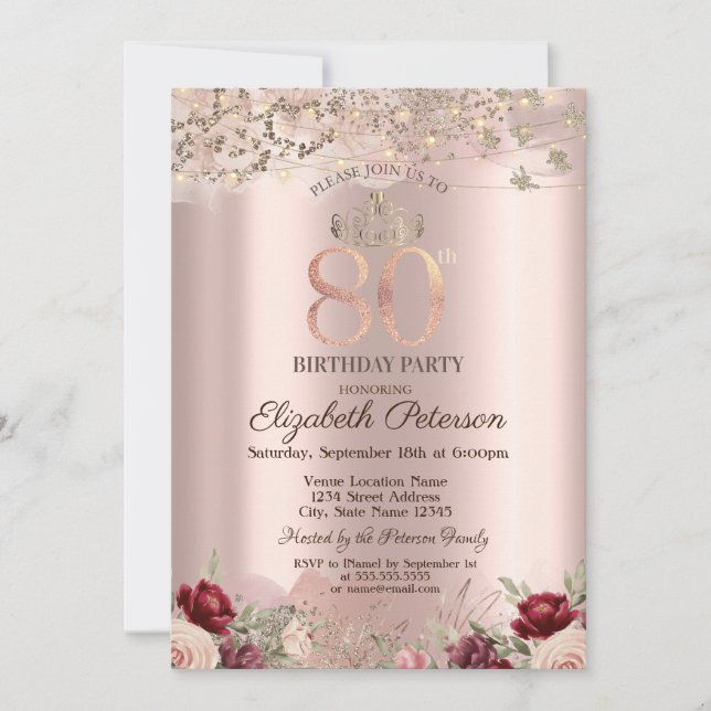 Invitation Fleurs Bourgogne Parties scintillant Bordure Rose  (Devant)