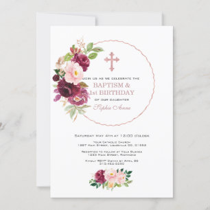 Invitation Fleurs Bourgogne Rose Or 1er Anniversaire & Baptêm