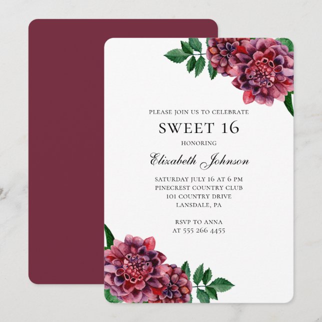 Invitation Fleurs bourguignonnes douces 16. Floral 16e annive (Devant / Derrière)