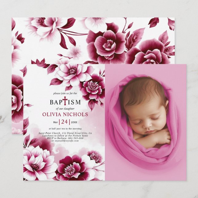 Invitation Fleurs bourguignonnes et fille de l'aquarelle Bapt (Devant / Derrière)