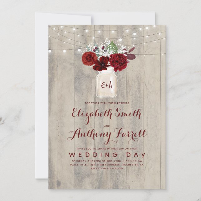Invitation Fleurs bourguignonnes Mason Jar Mariage en bois ru (Devant)