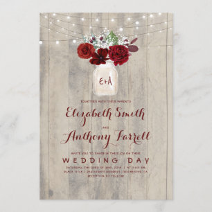 Invitation Fleurs bourguignonnes Mason Jar Mariage en bois ru
